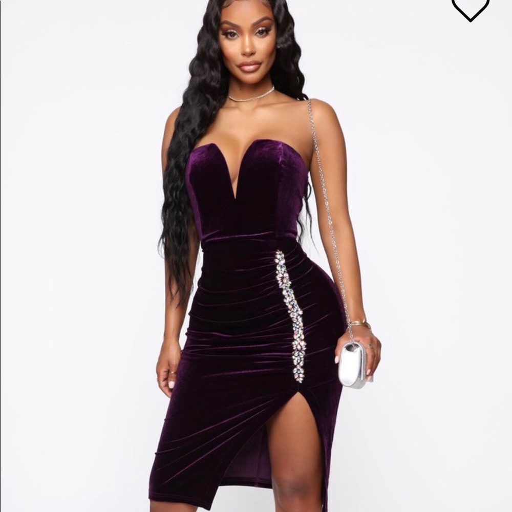 Dark Purple Velvet Strapless Dress with Silver & Multicolored Rhinestones